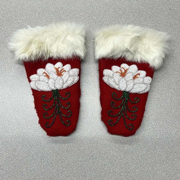Rabbit Fur and Beaded Lotus Flower Mittens - Picture 2 of 8